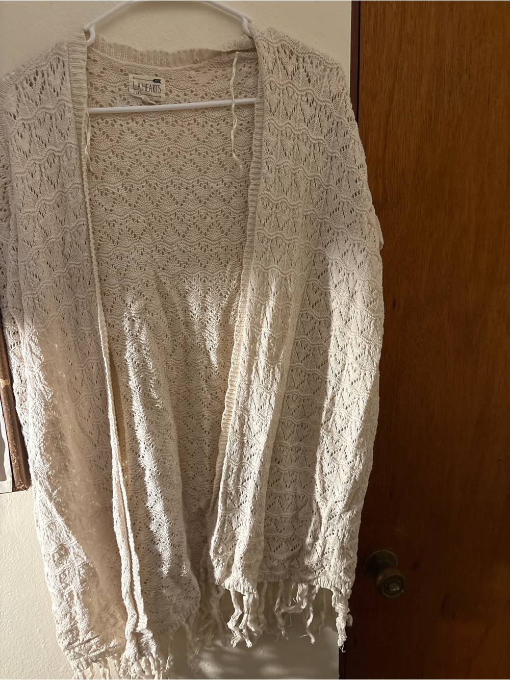 La Hearts Cream Open-Weave Fringe Cardigan
